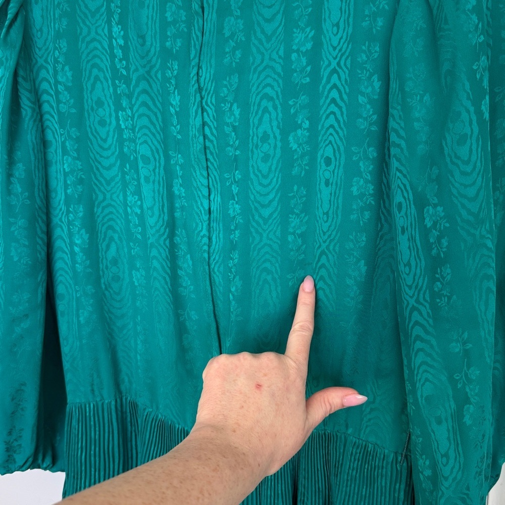 Vintage USA Garment Union Tag Pure Silk Teal Puff Sleeve Pleat Midi Dress Floral - Picture 12 of 13
